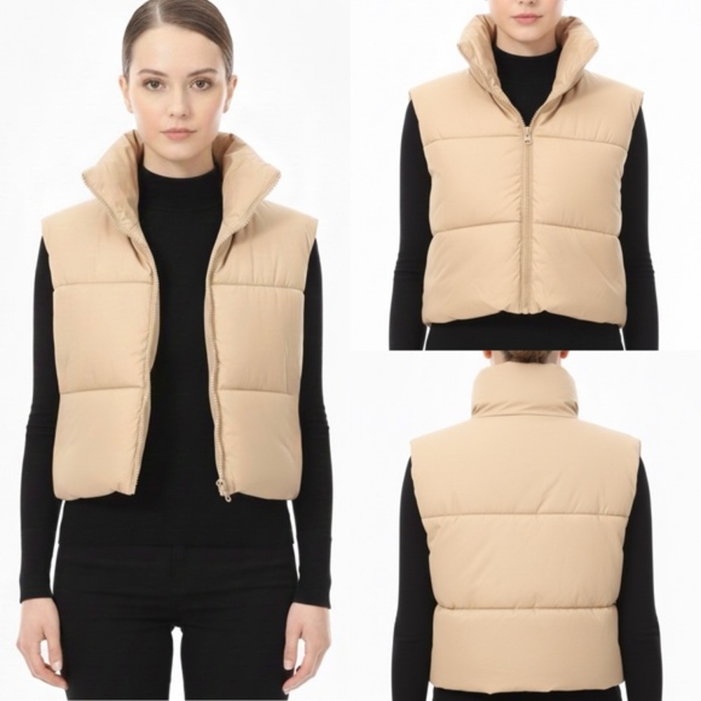 Cropped Puffer Sleeveless Vest Full Zip Up Tan M